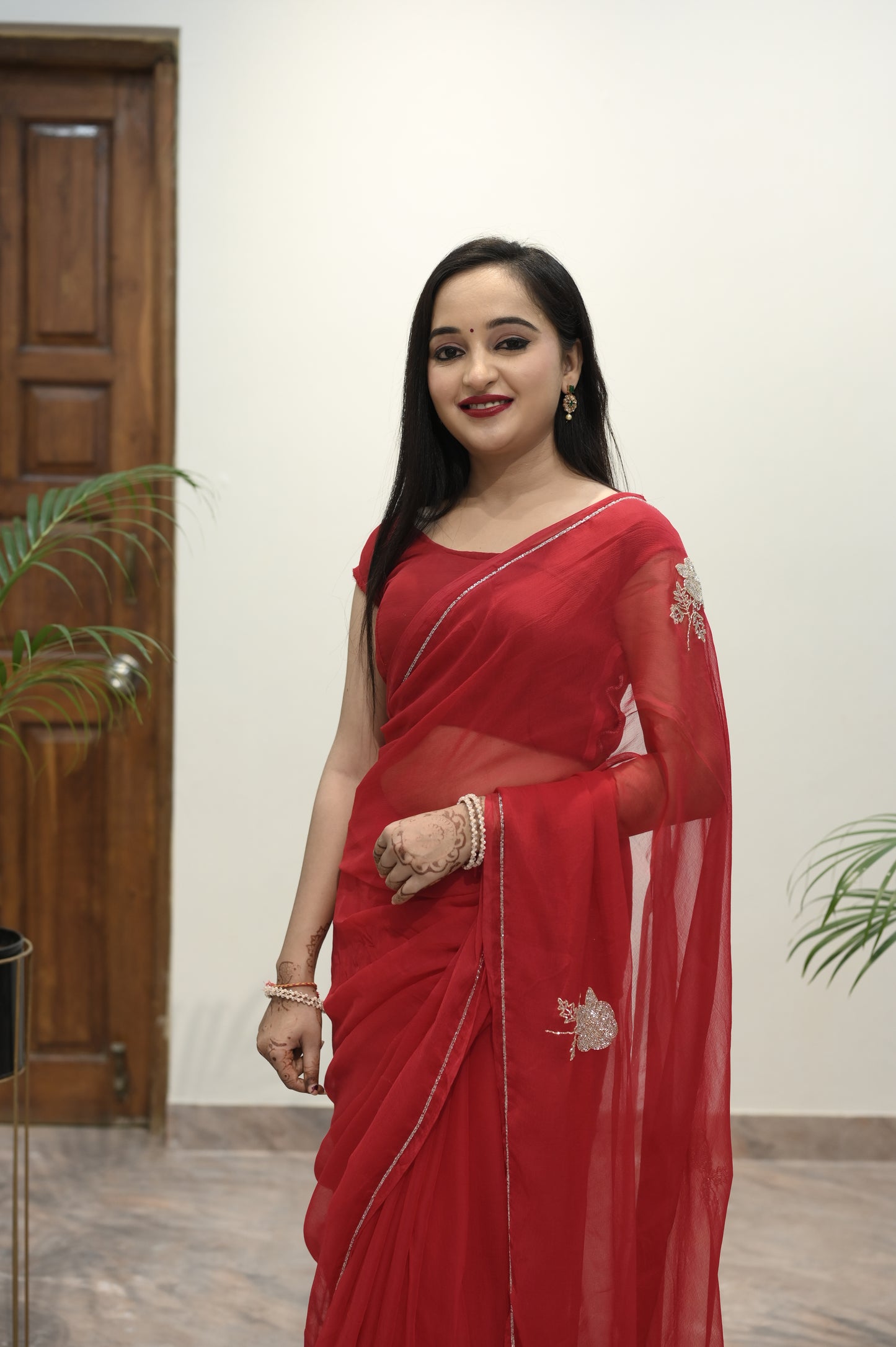 Crimson Glow Embroidered Red Saree