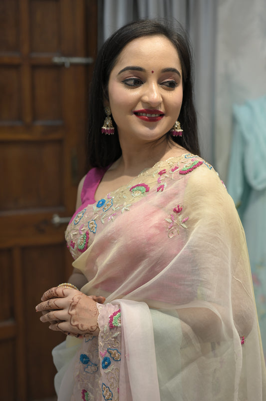 Ethereal Blossom Hand-Embroidered Organza Saree