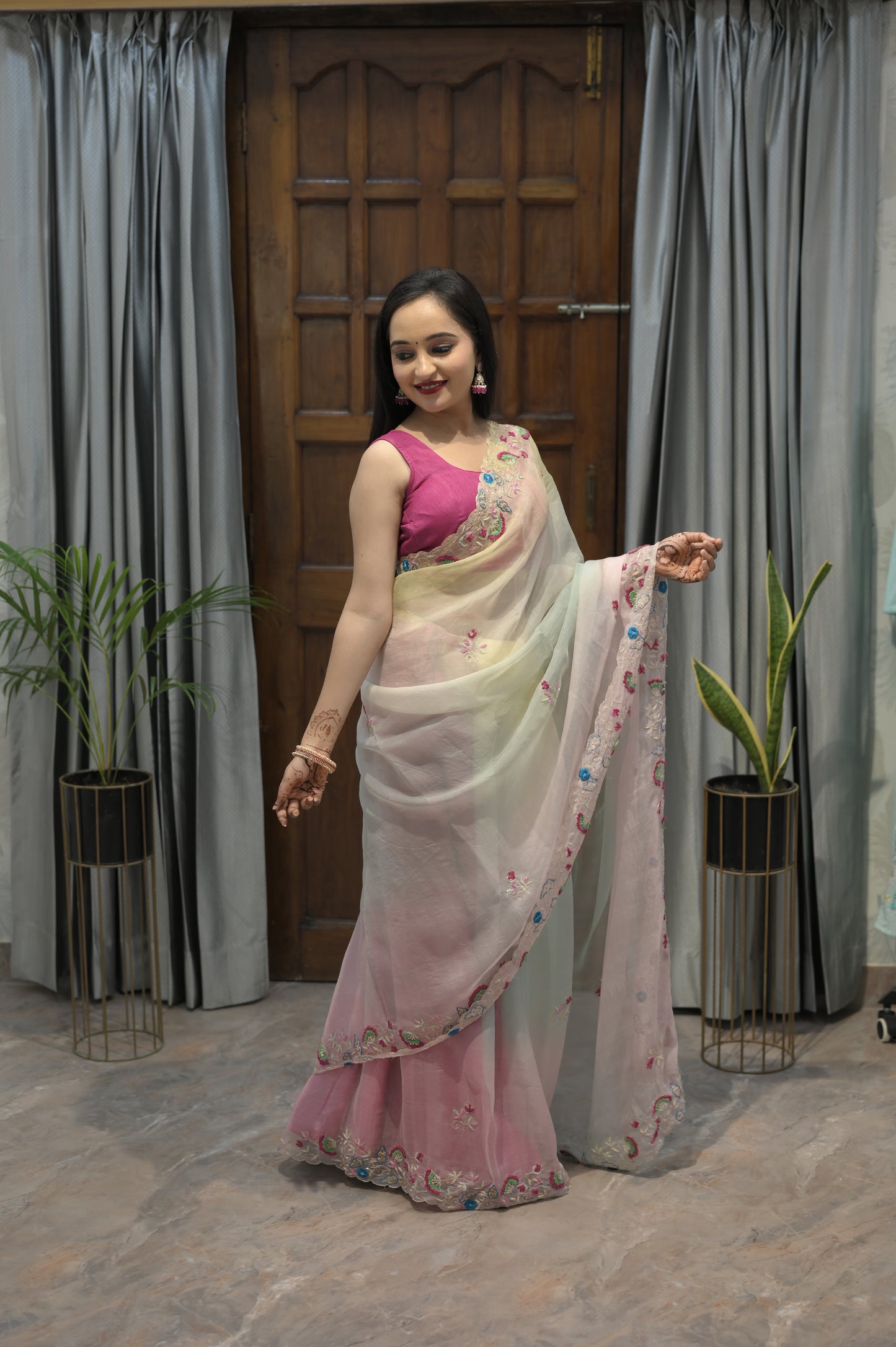 Ethereal Blossom Hand-Embroidered Organza Saree