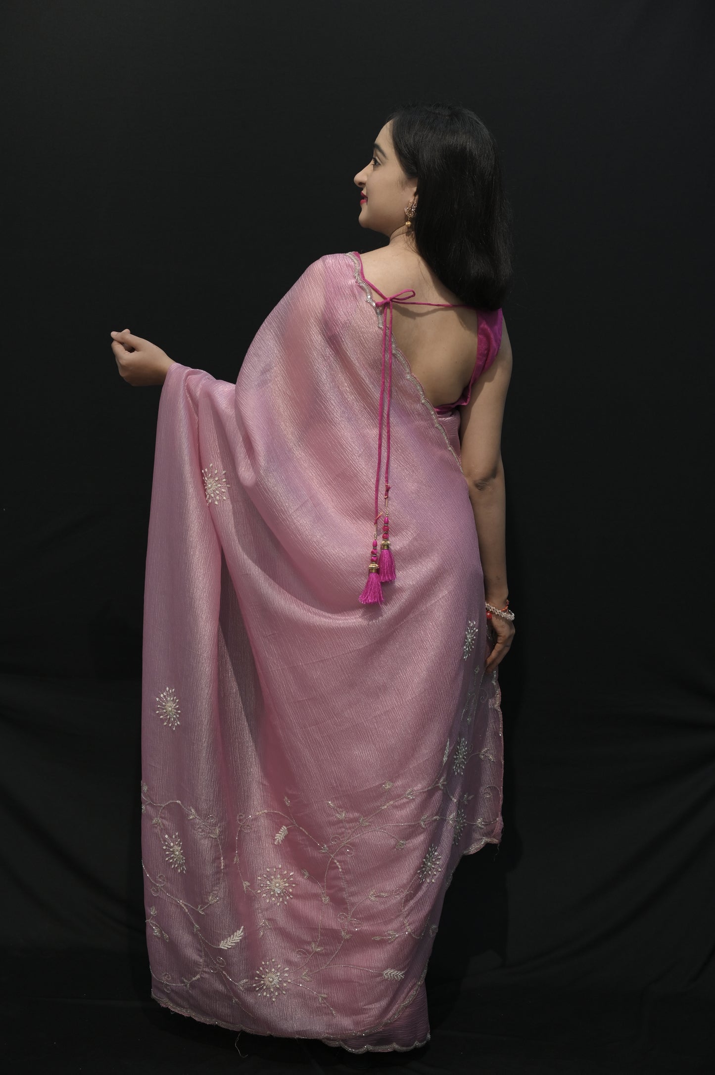 Elegant Blossom Pink Organza Saree with Subtle Embroidery