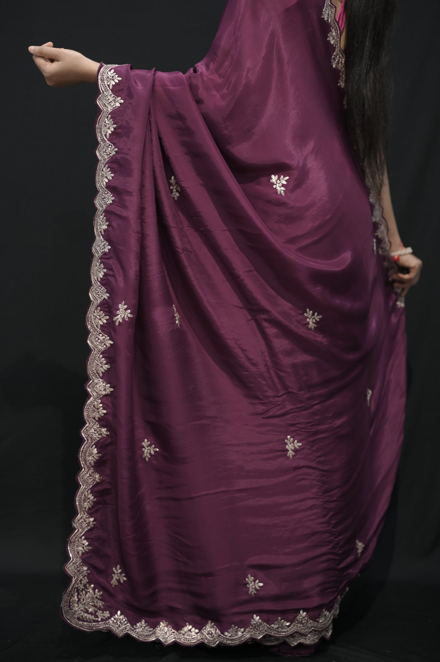 Royal Plum Satin Saree with Embroidered Border
