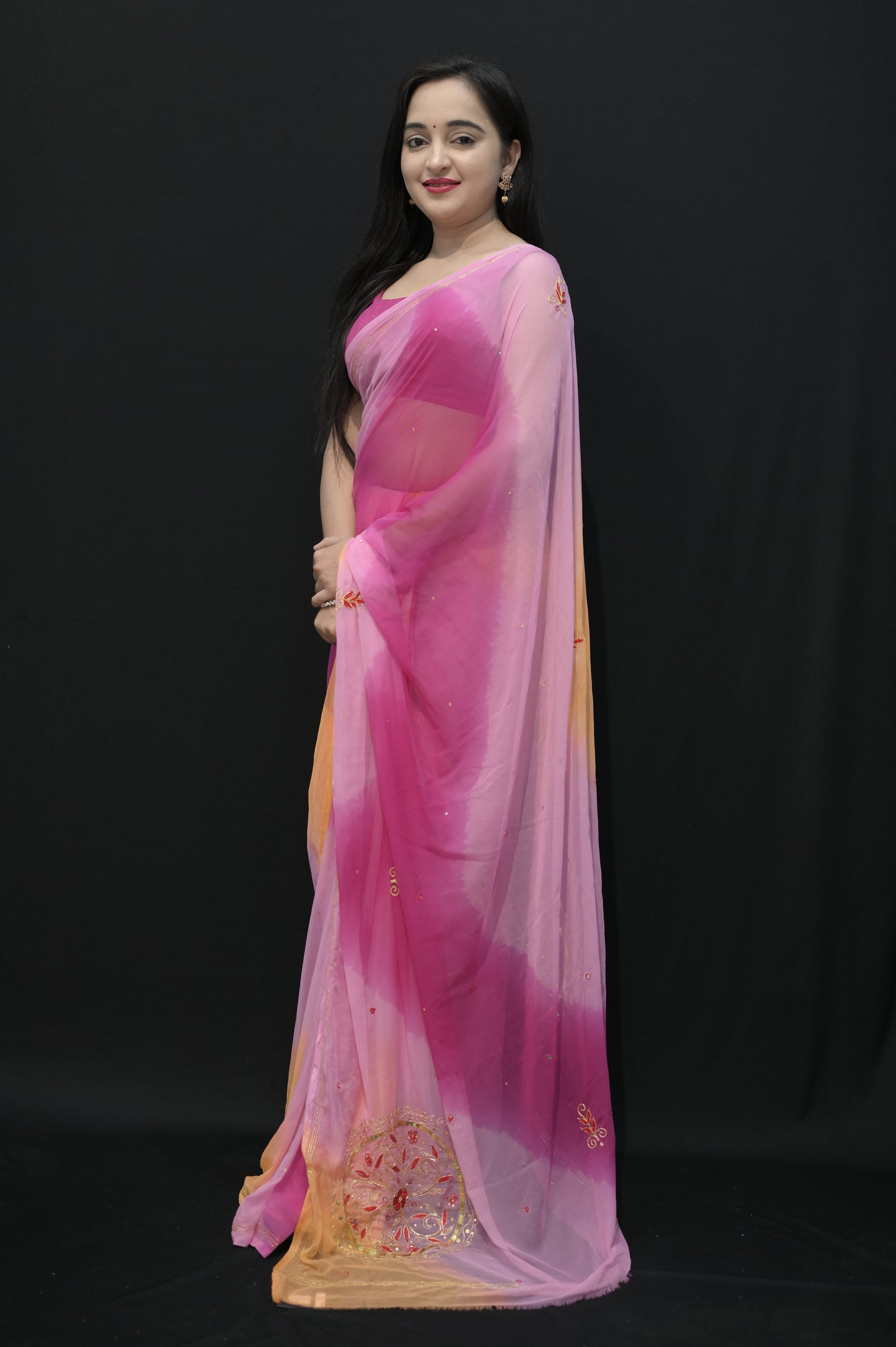 Ombre Pink & Peach Georgette Saree with Subtle Embroidery
