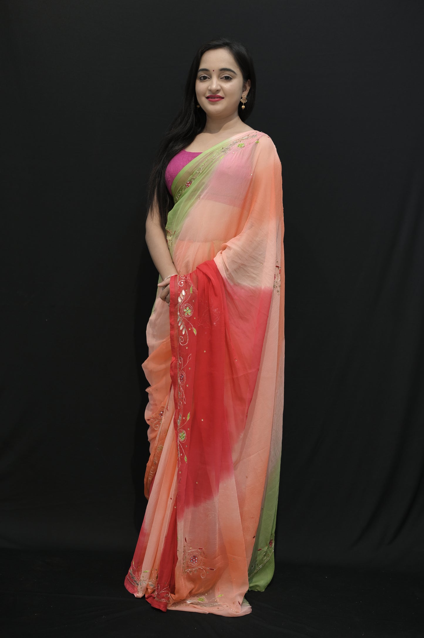 Multi-Color Ombre Georgette Saree with Embroidered Detailing