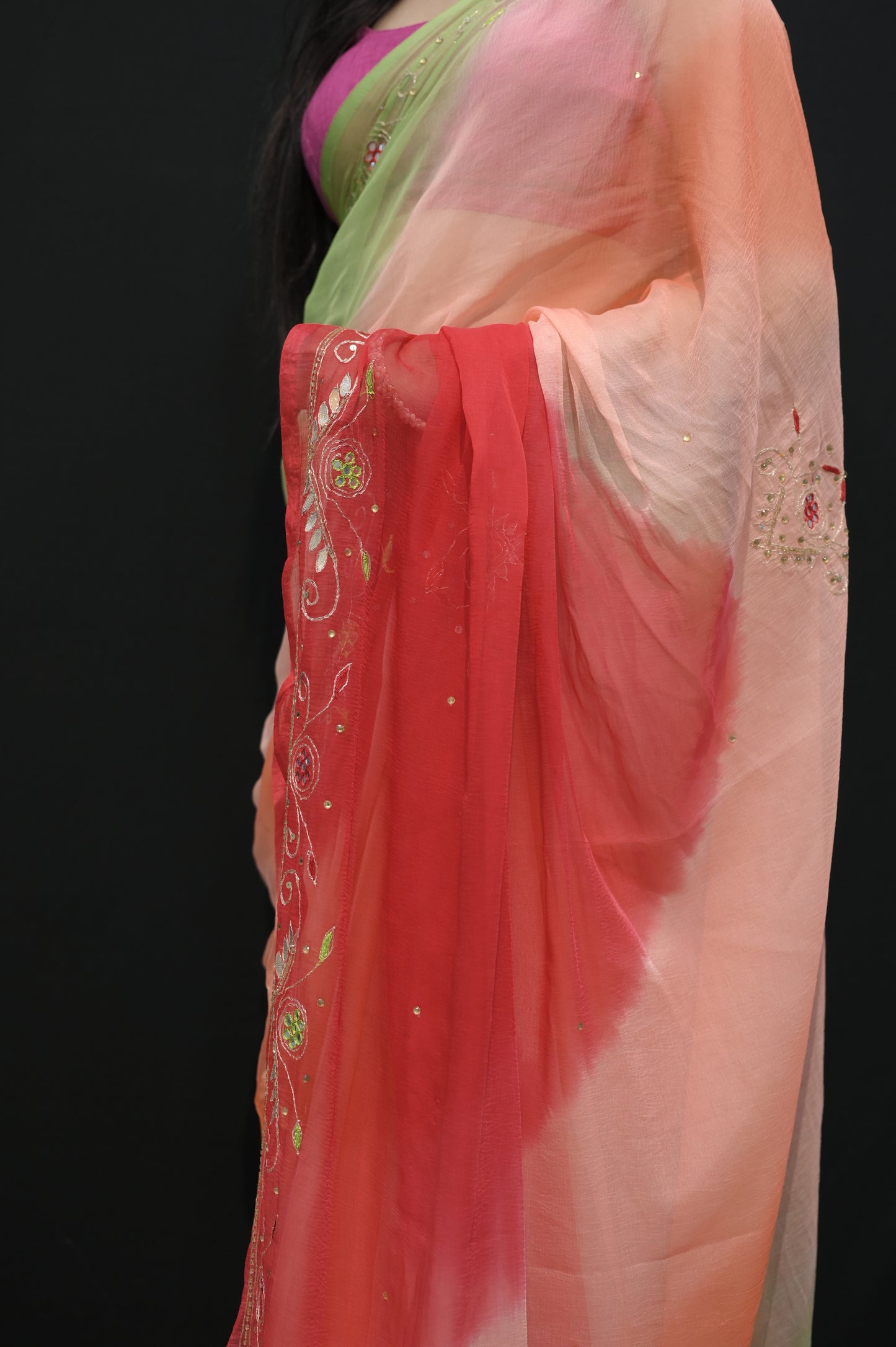 Multi-Color Ombre Georgette Saree with Embroidered Detailing