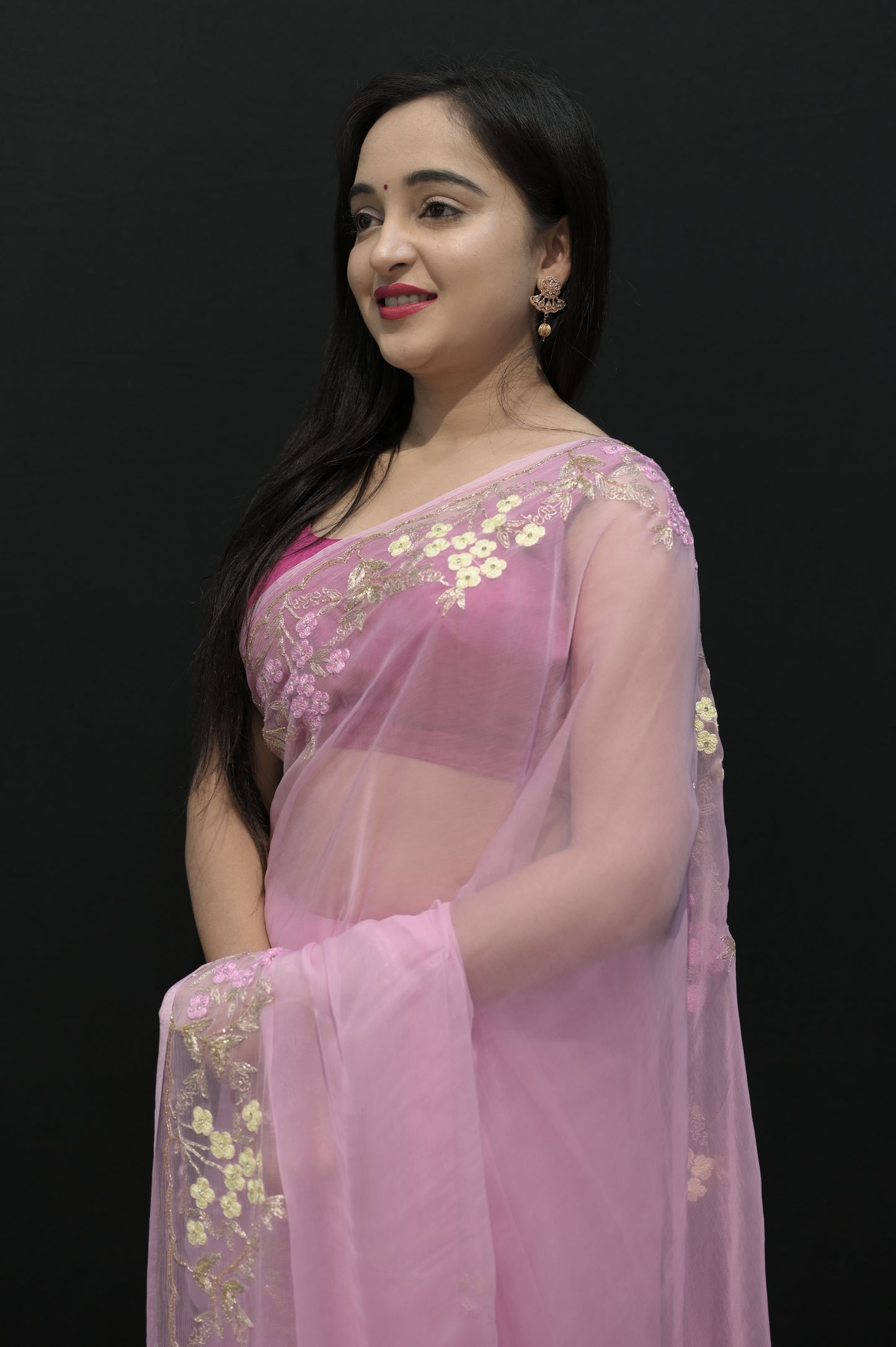 Blush Pink Net Saree with Floral Embroidery