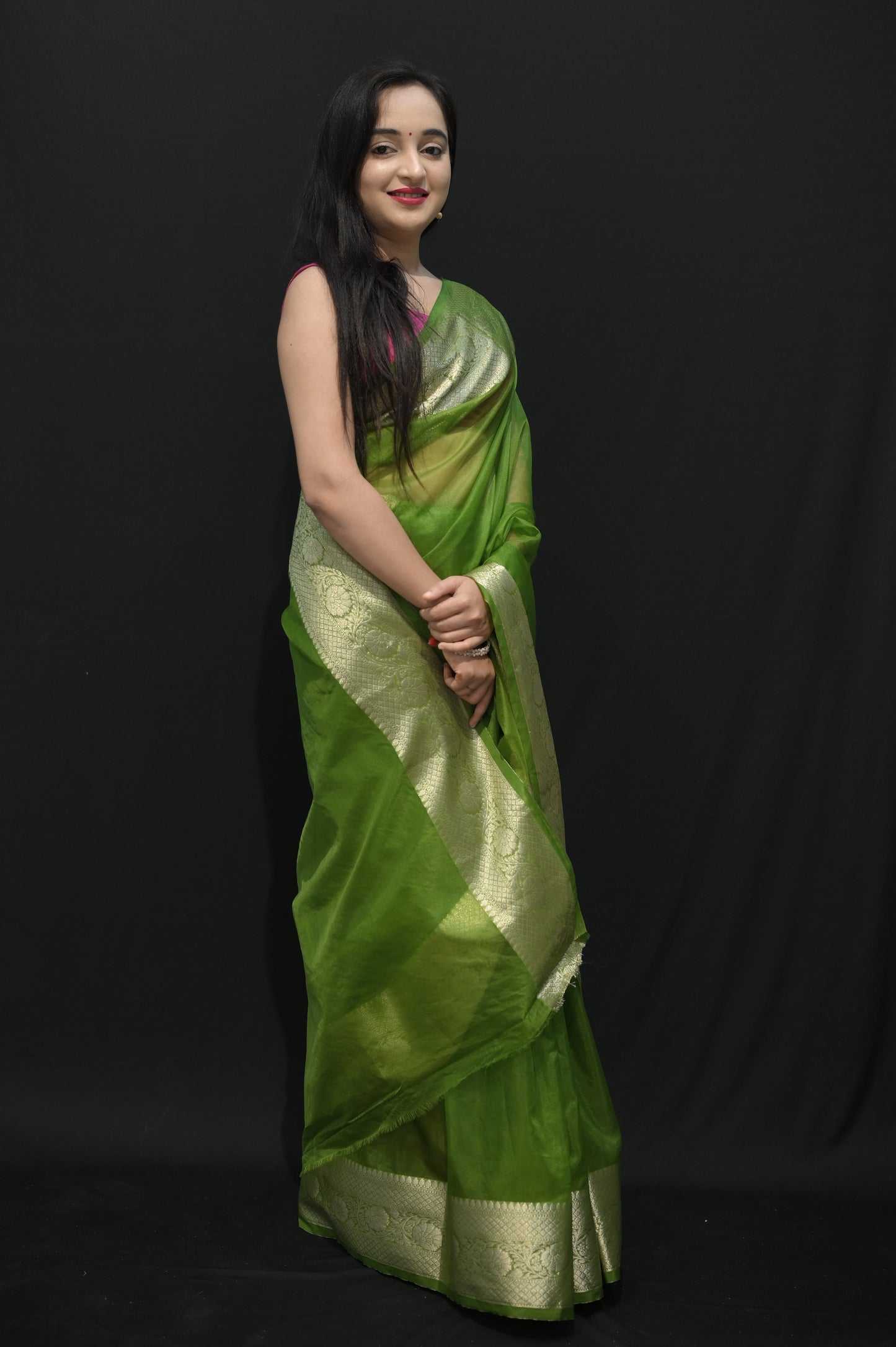 Emerald Green Silk Saree with Golden Zari Border