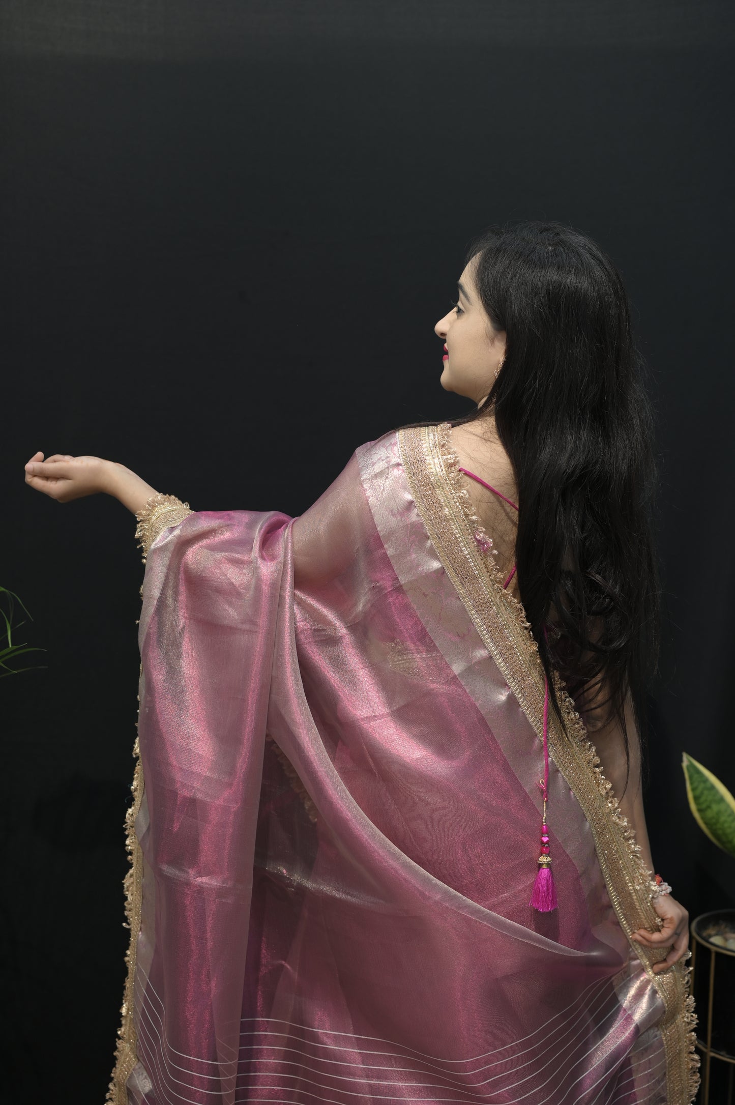 Rose Gold Organza Saree with Golden Zari Border