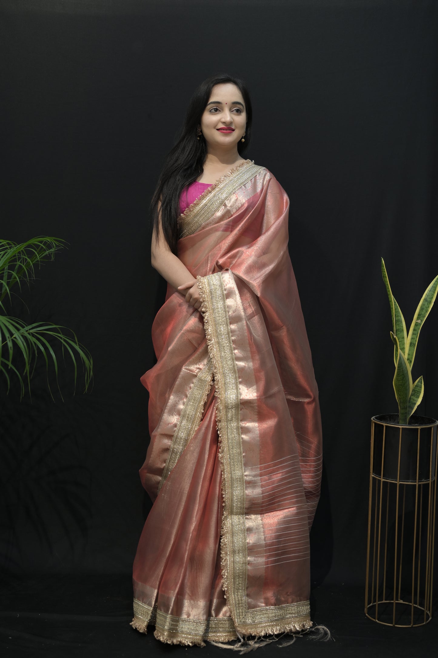 Copper Rose Organza Saree with Golden Zari Border