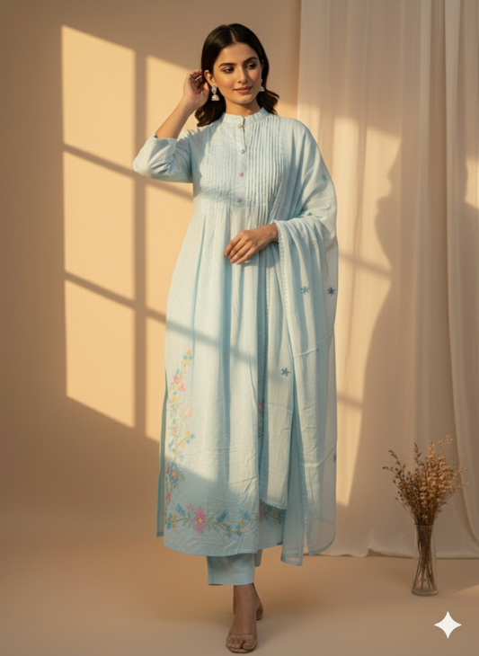 Blue Breeze Embroidered Kurti Set with Dupatta