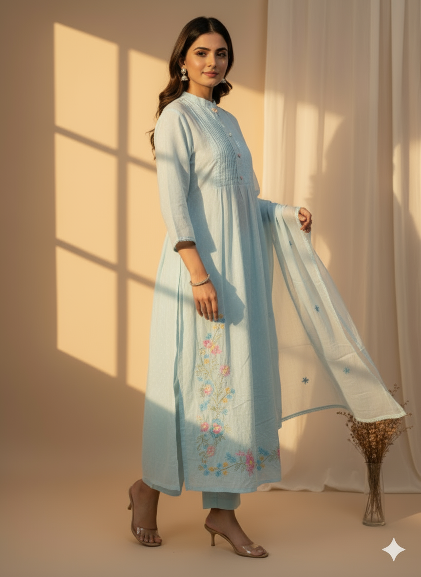 Blue Breeze Embroidered Kurti Set with Dupatta