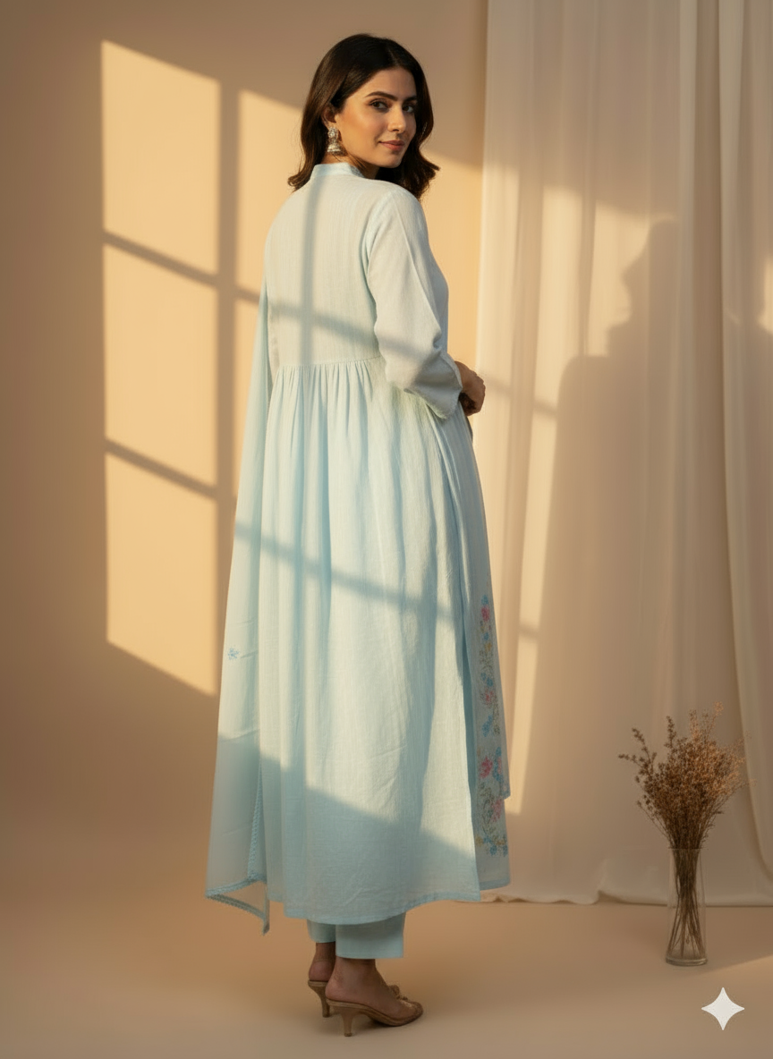 Blue Breeze Embroidered Kurti Set with Dupatta
