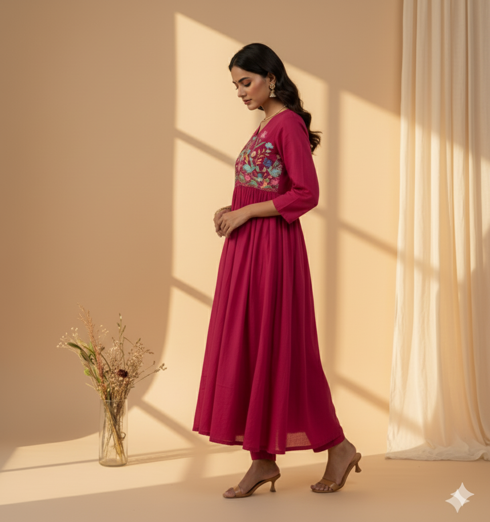 Crimson Garden Embroidered Anarkali Set with Dupatta