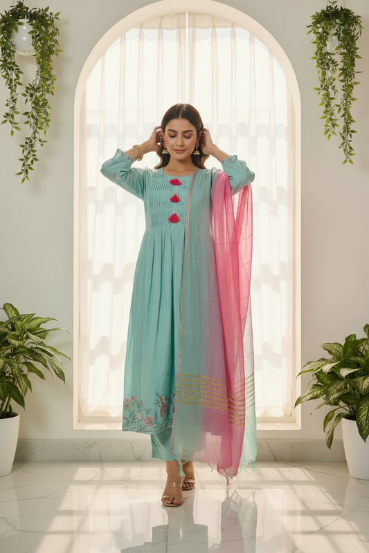 Aqua Bloom Embroidered Kurti Set with Dupatta