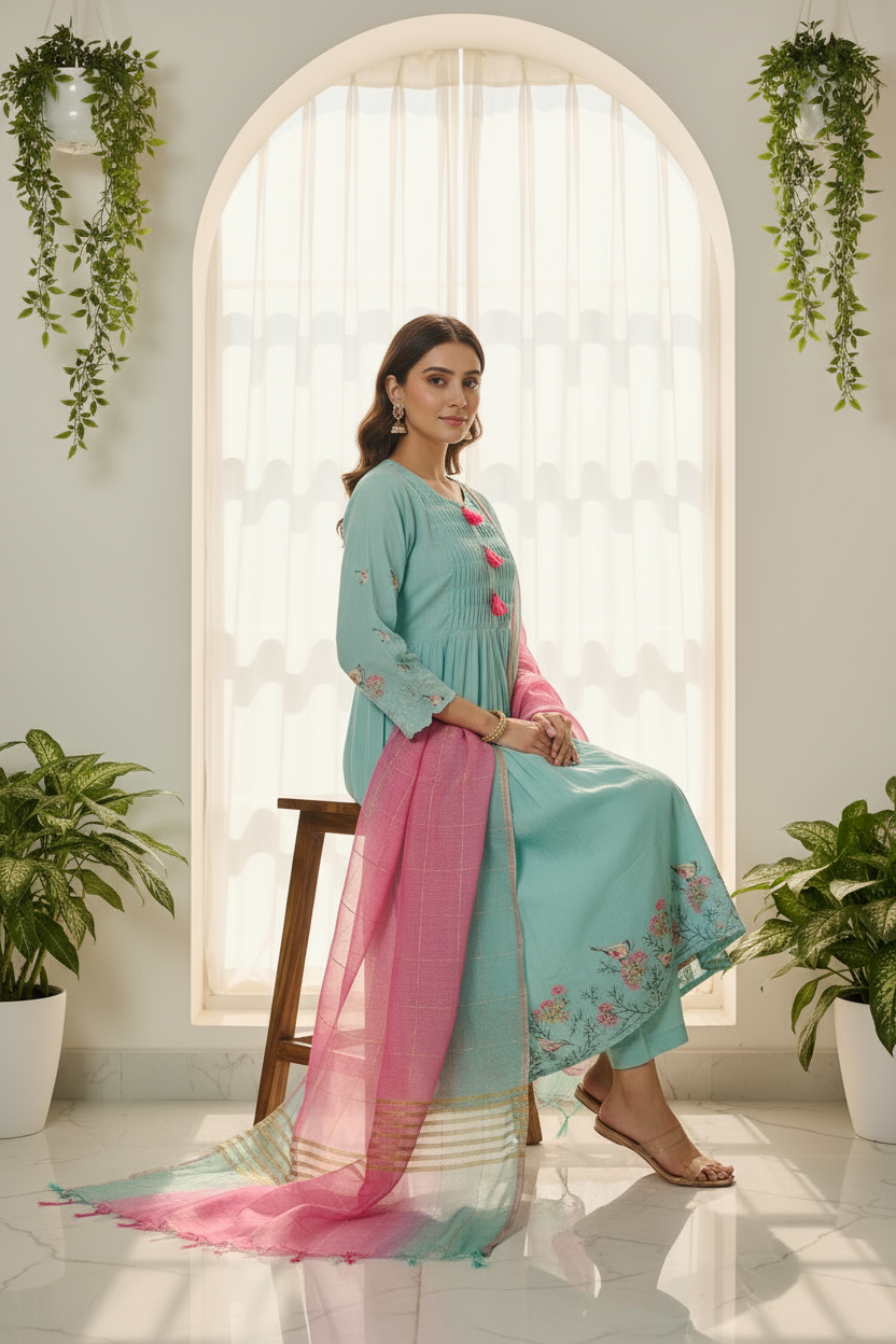 Aqua Bloom Embroidered Kurti Set with Dupatta