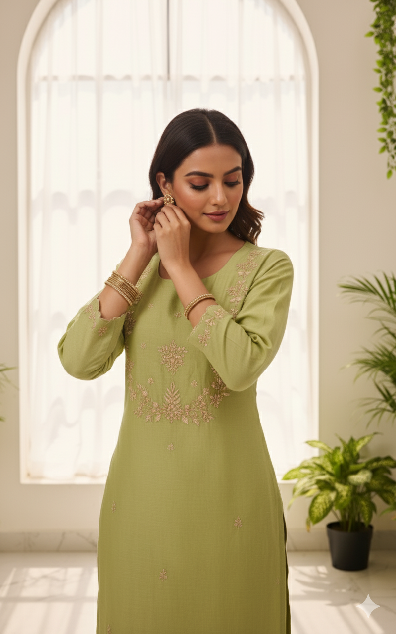 Olive Dew Embroidered Kurti Set with Dupatta