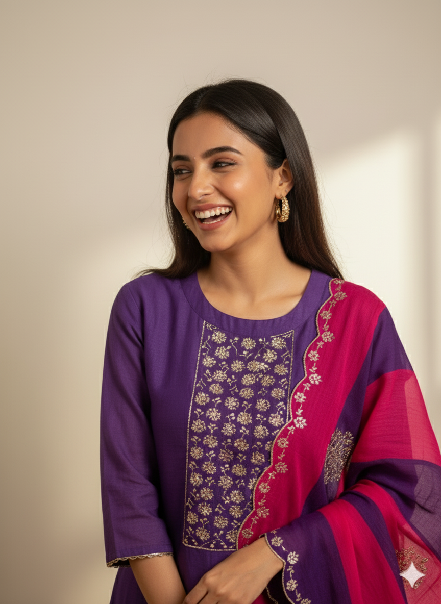 Royal Orchid Embroidered Kurti Set with Dupatta