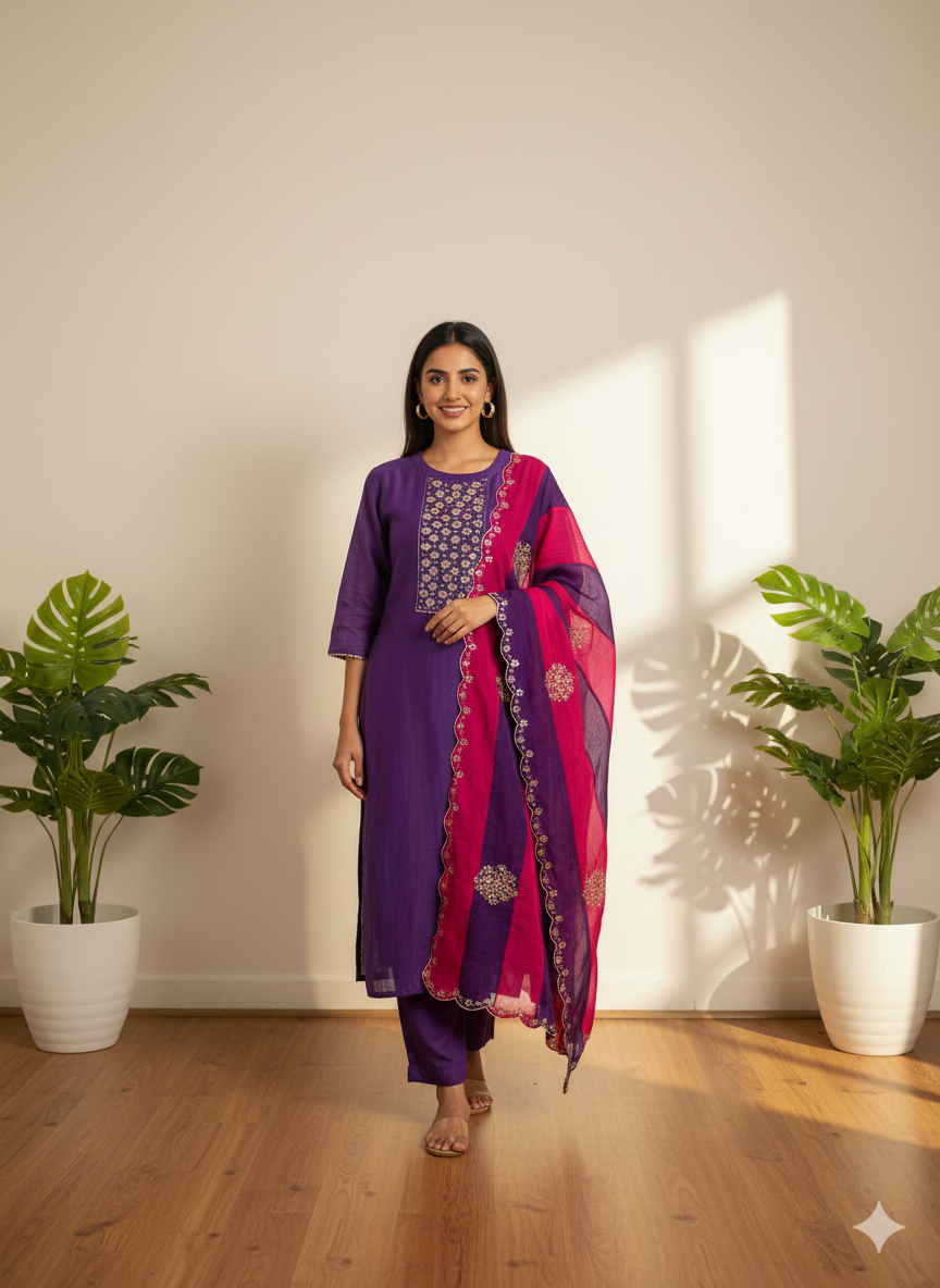 Royal Orchid Embroidered Kurti Set with Dupatta