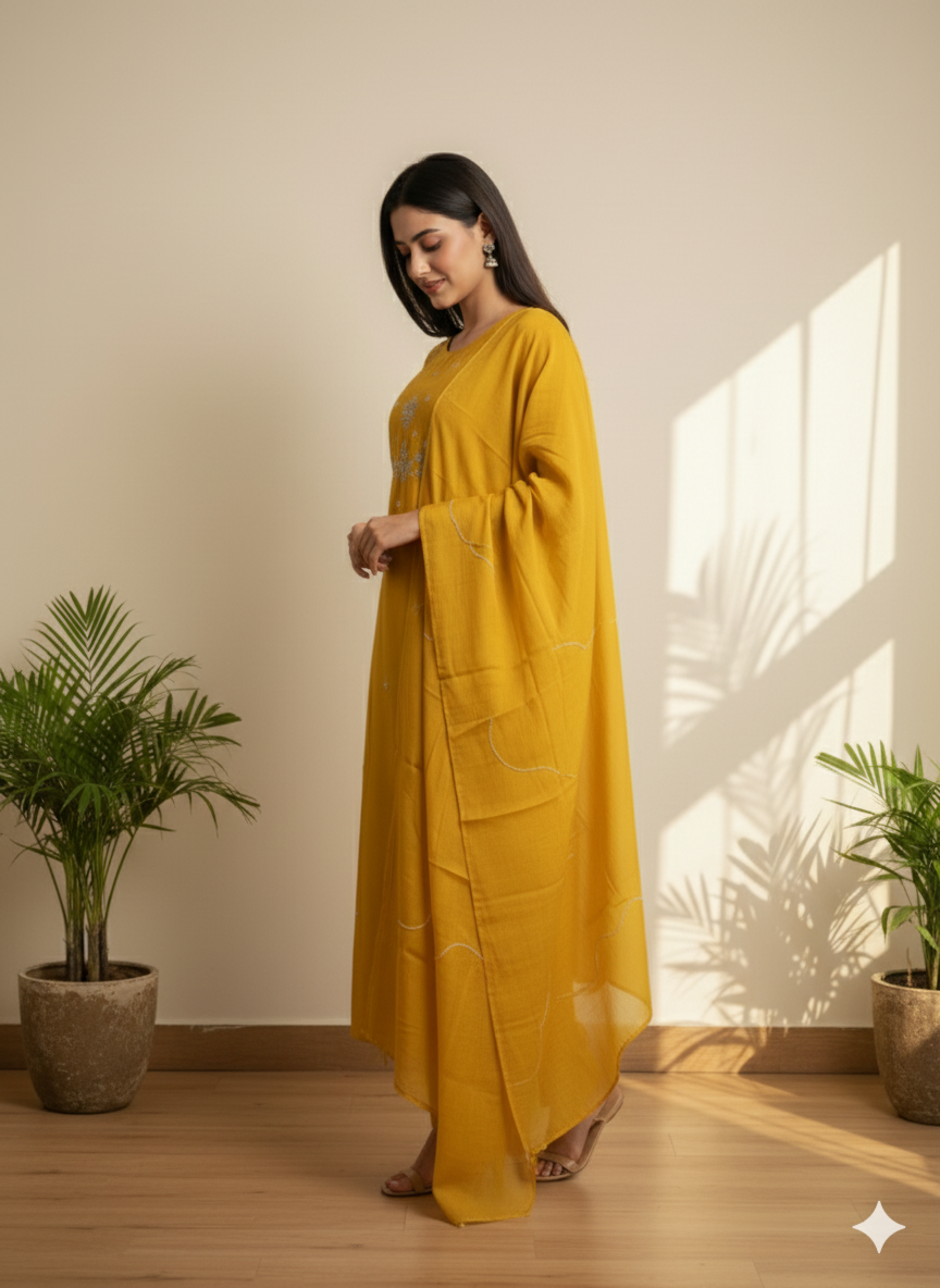 Golden Glow Embroidered Kurti Set with Dupatta