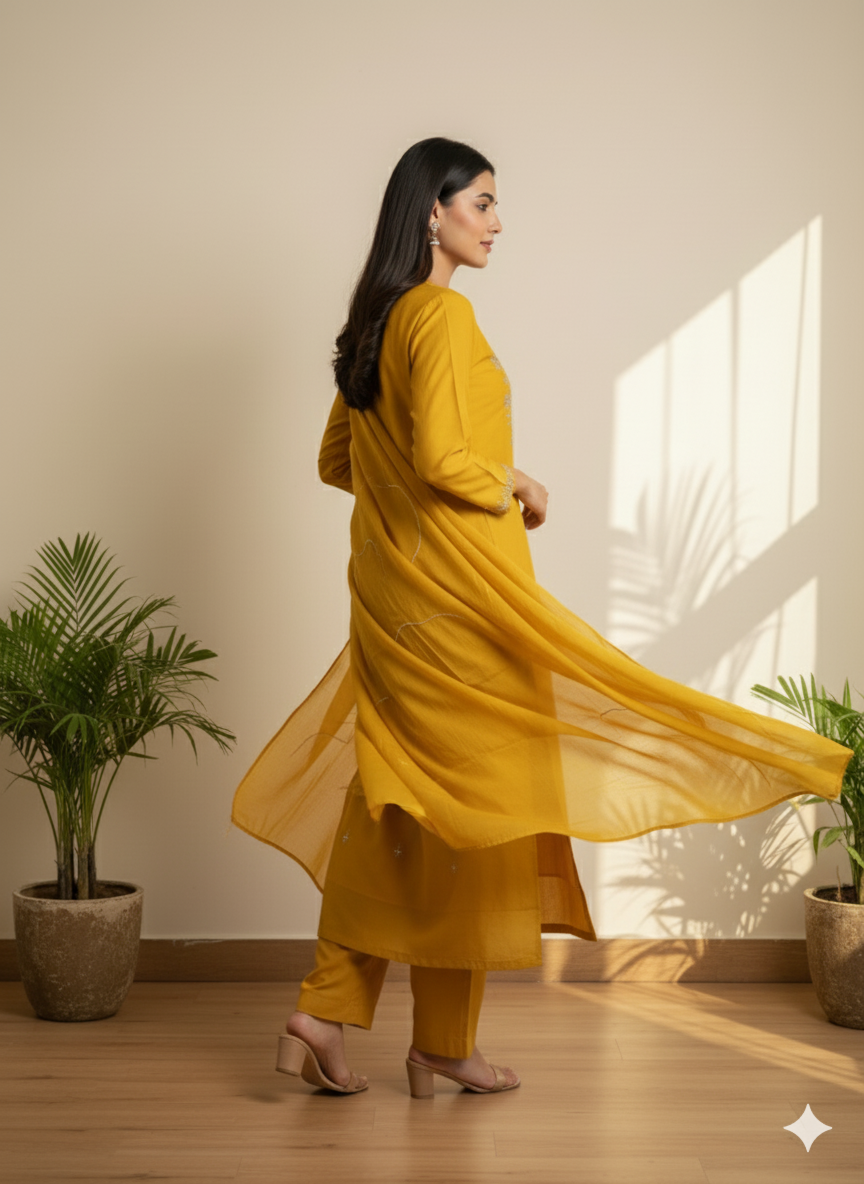 Golden Glow Embroidered Kurti Set with Dupatta