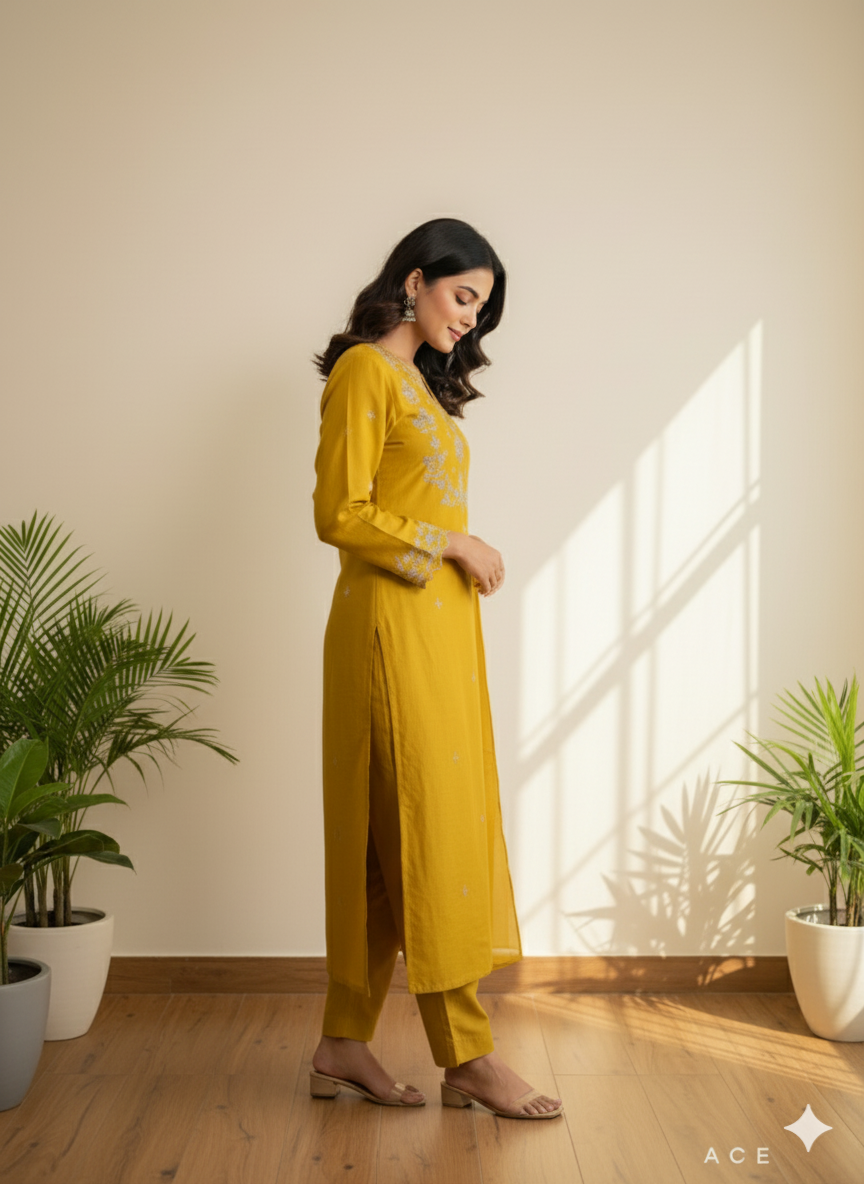 Golden Glow Embroidered Kurti Set with Dupatta