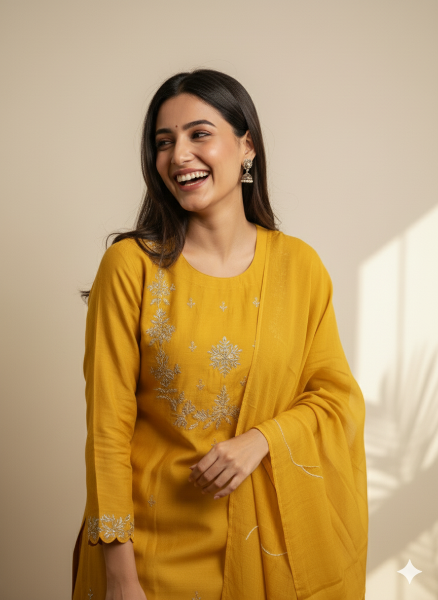 Golden Glow Embroidered Kurti Set with Dupatta