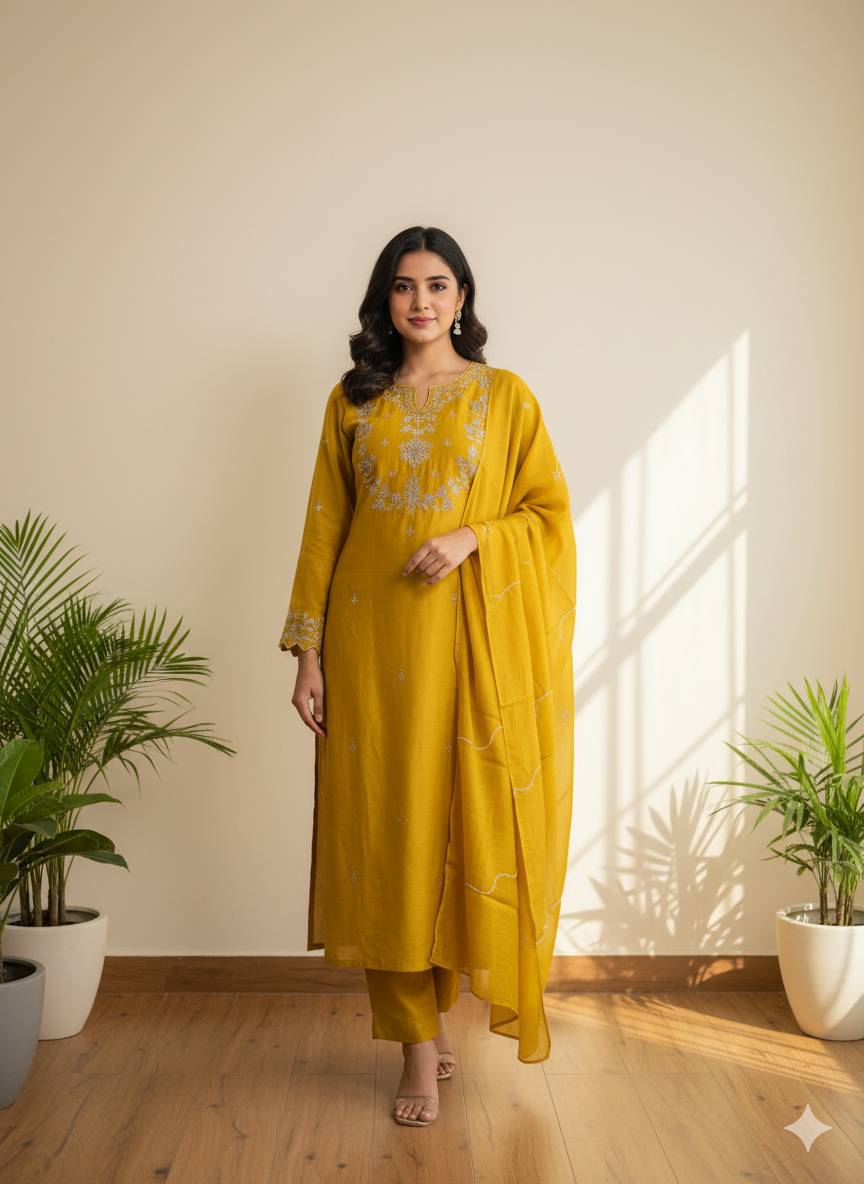 Golden Glow Embroidered Kurti Set with Dupatta
