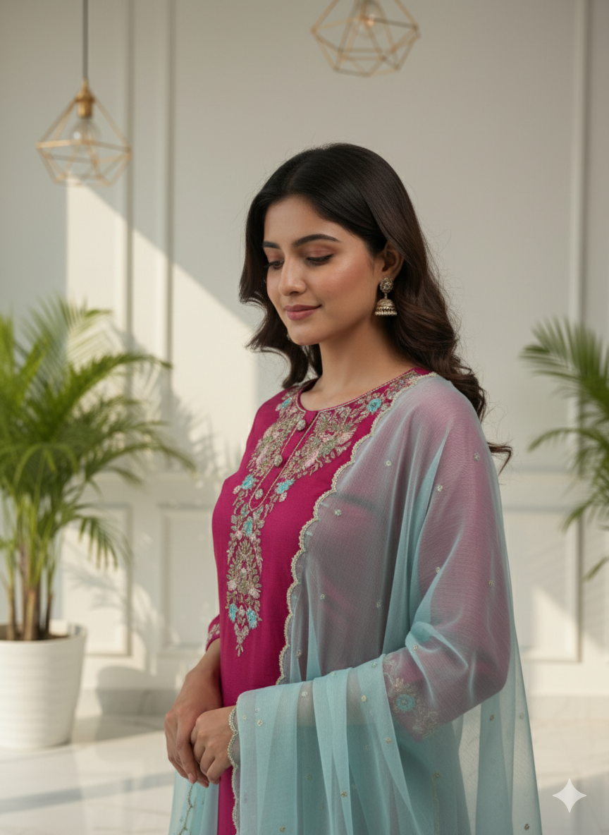 Fuchsia Elegance Embroidered Kurti Set with Aqua Dupatta