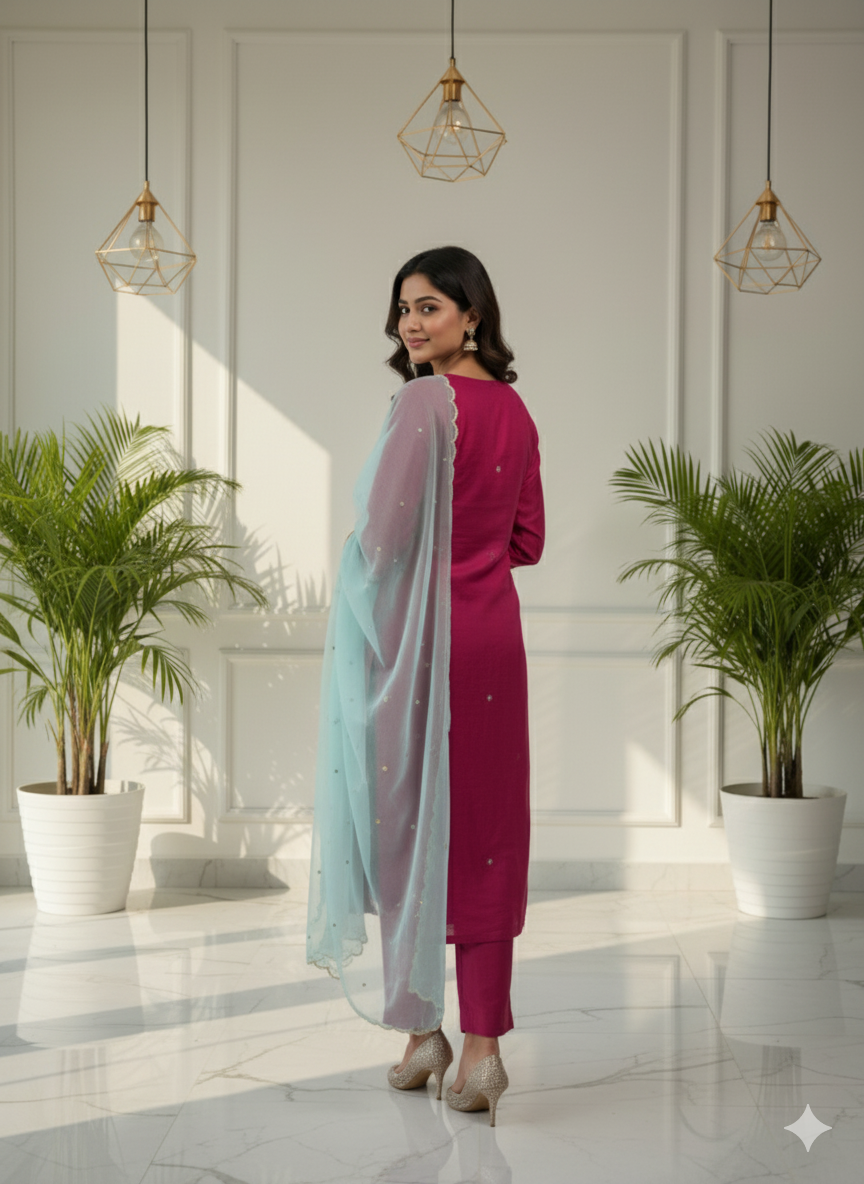 Fuchsia Elegance Embroidered Kurti Set with Aqua Dupatta