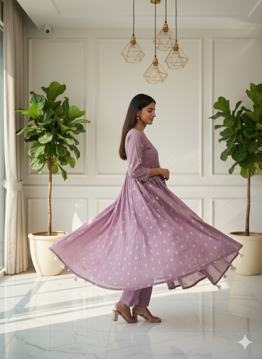 Lavender Grace Pleated Kurti Set with Dupatta