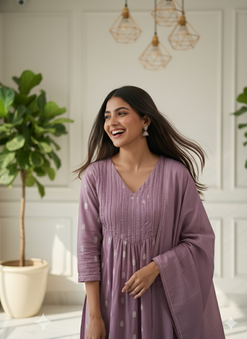 Lavender Grace Pleated Kurti Set with Dupatta