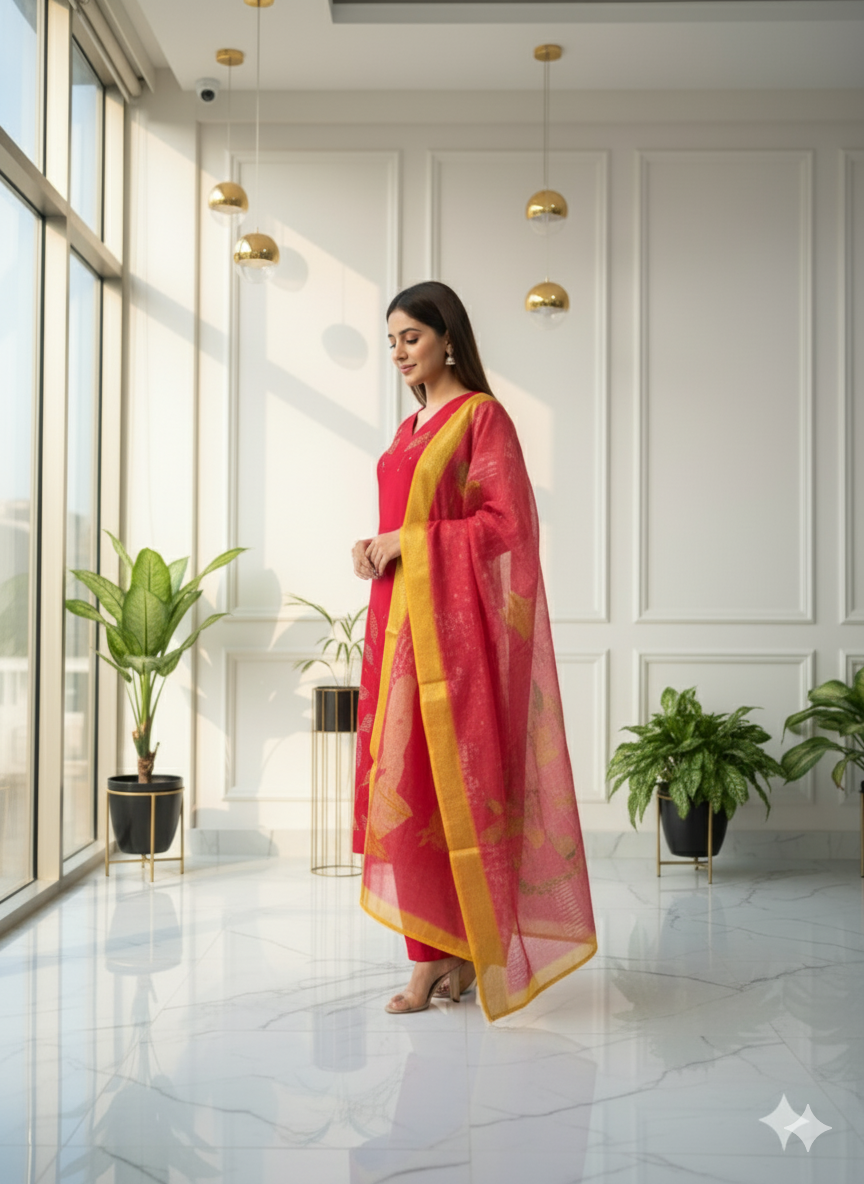 Scarlet Radiance Kurti Set with Golden Dupatta