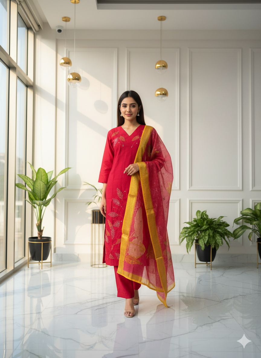 Scarlet Radiance Kurti Set with Golden Dupatta