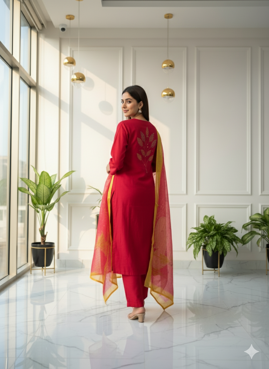 Scarlet Radiance Kurti Set with Golden Dupatta