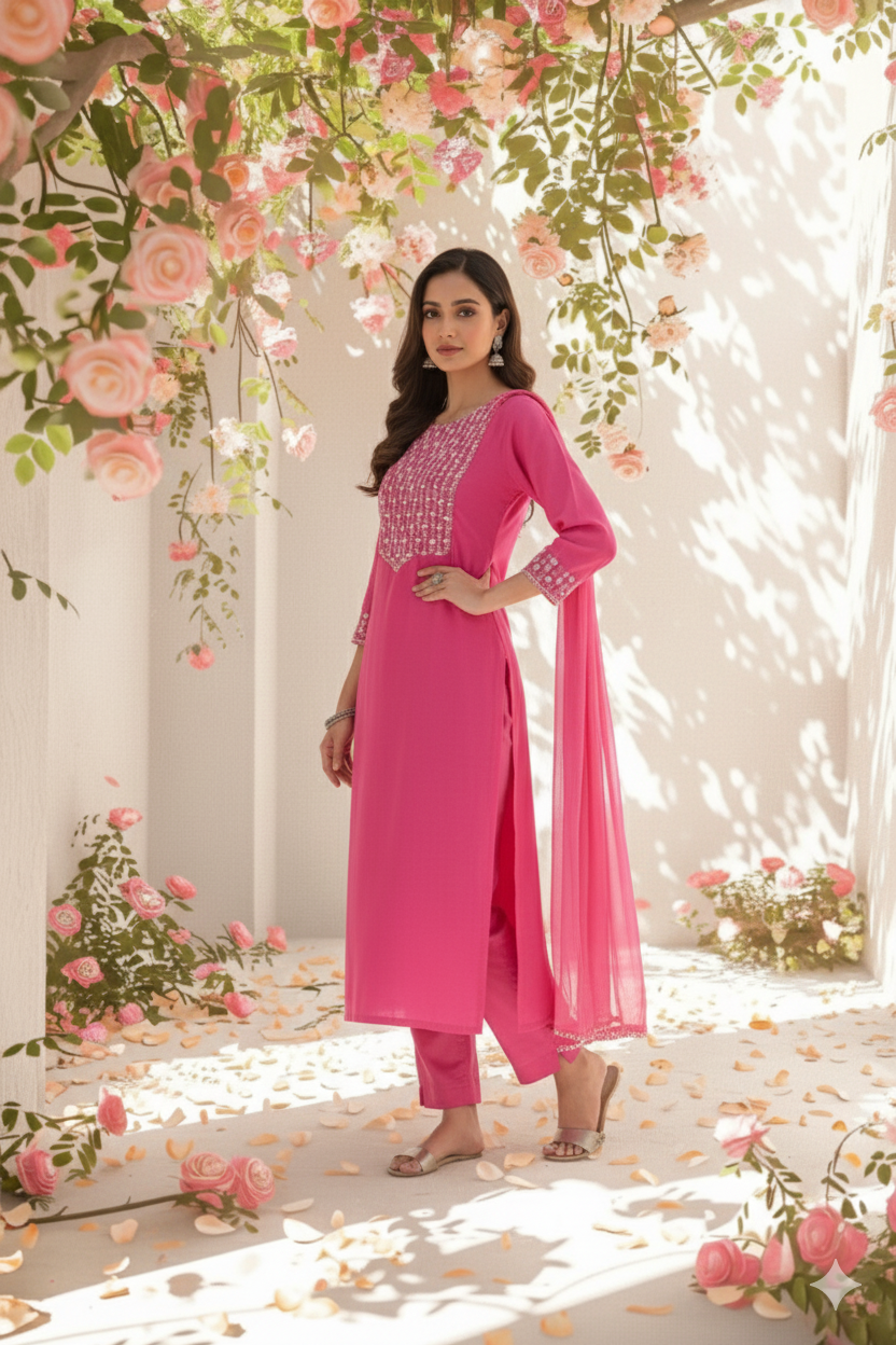 Fuchsia Bloom Embroidered Kurti Set with Dupatta