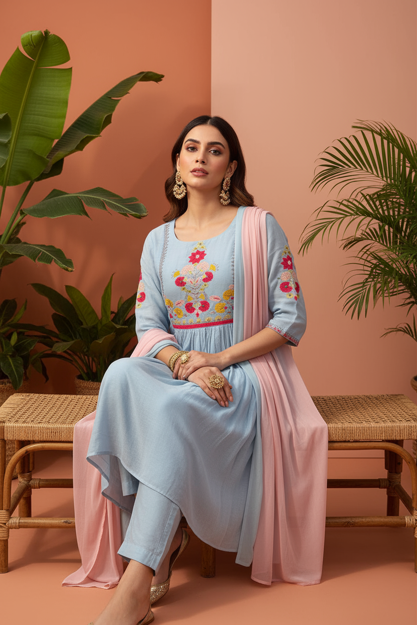 Sky Charm Embroidered Kurti Set with Dupatta