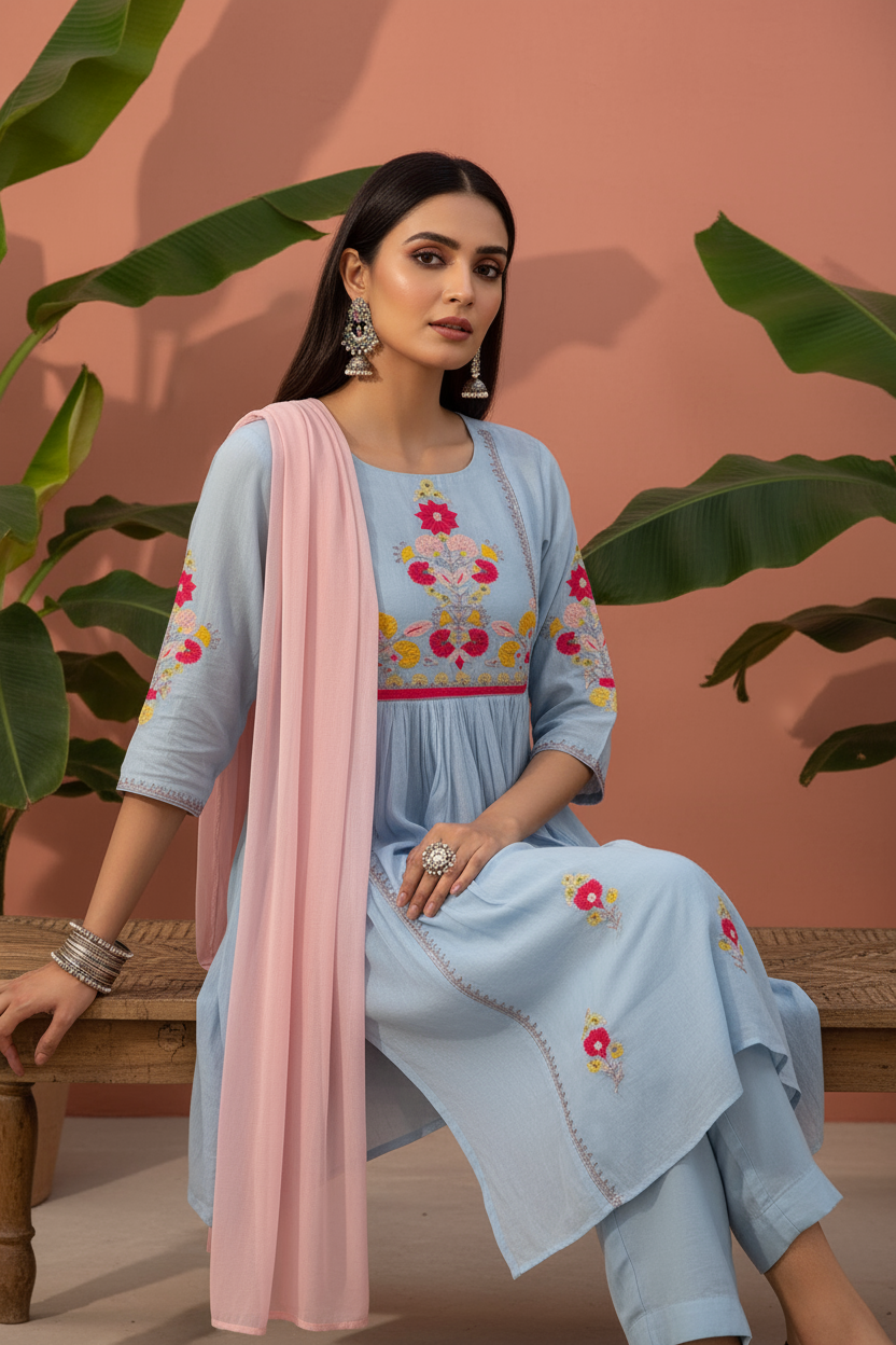 Sky Charm Embroidered Kurti Set with Dupatta
