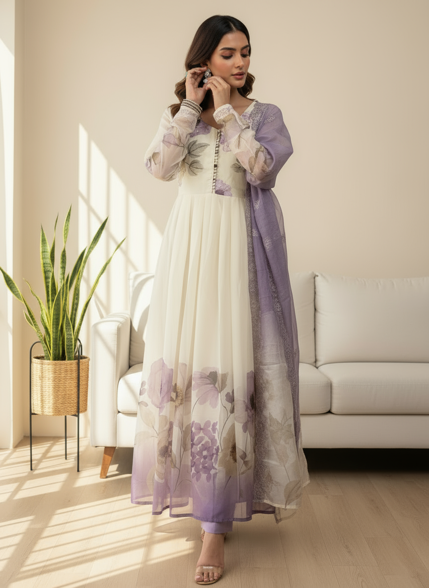 Lavender Mist Floral Anarkali Set with Dupatta