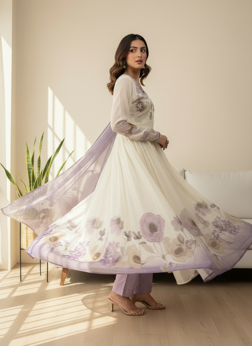 Lavender Mist Floral Anarkali Set with Dupatta