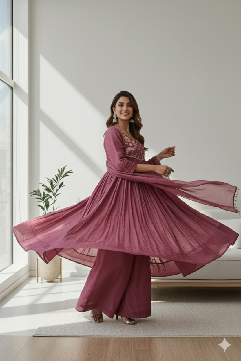 Plum Elegance Embroidered Anarkali Set with Dupatta