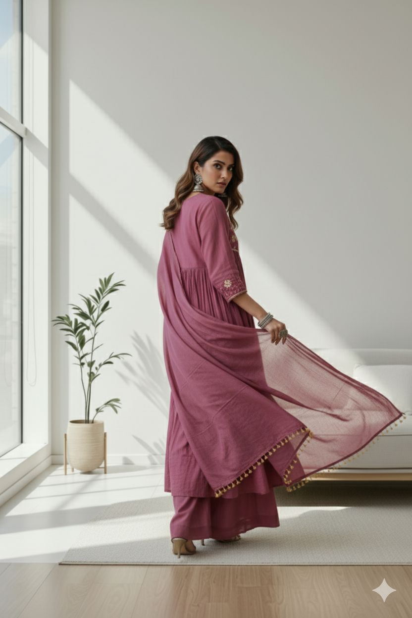 Plum Elegance Embroidered Anarkali Set with Dupatta