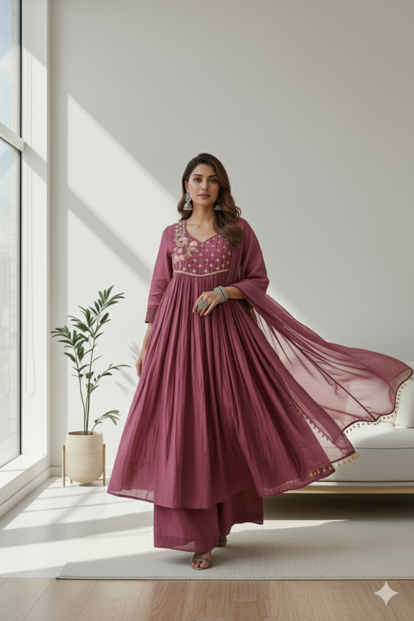 Plum Elegance Embroidered Anarkali Set with Dupatta