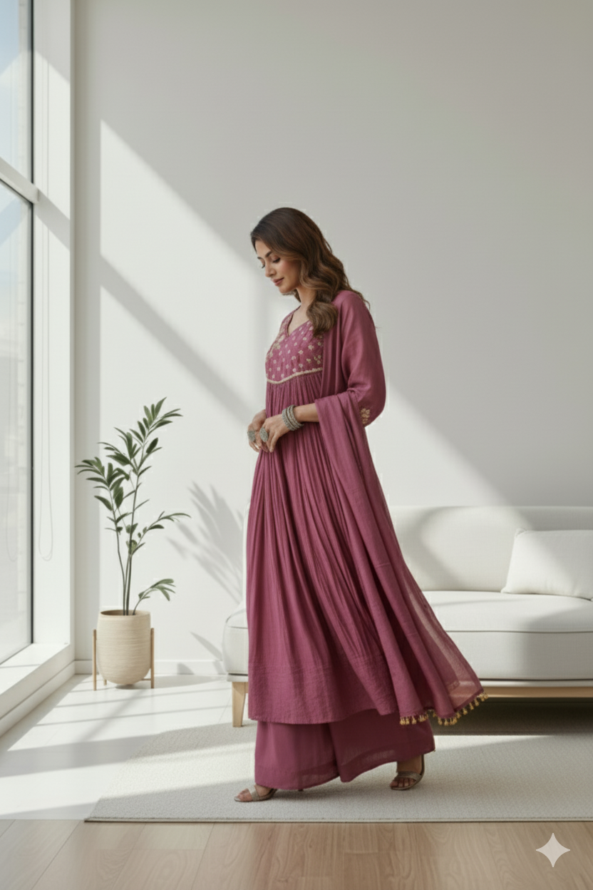 Plum Elegance Embroidered Anarkali Set with Dupatta