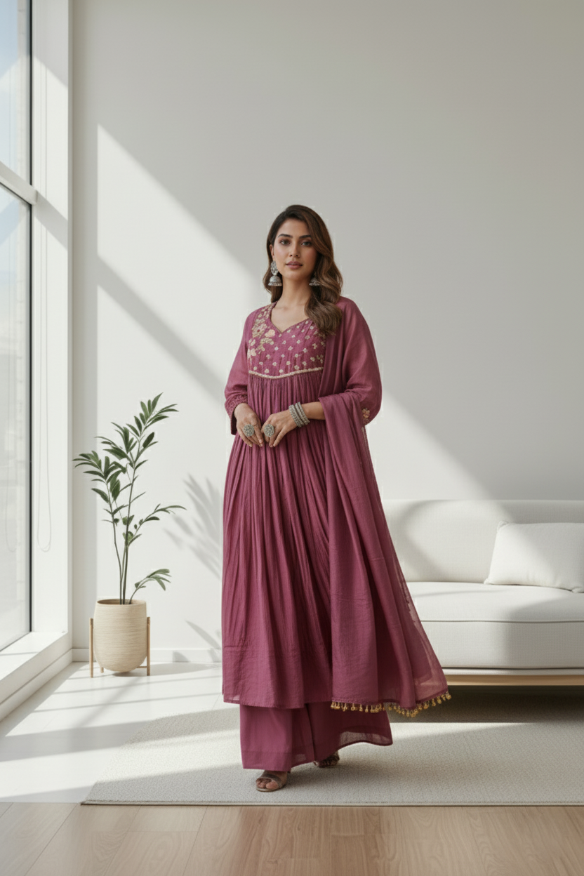 Plum Elegance Embroidered Anarkali Set with Dupatta