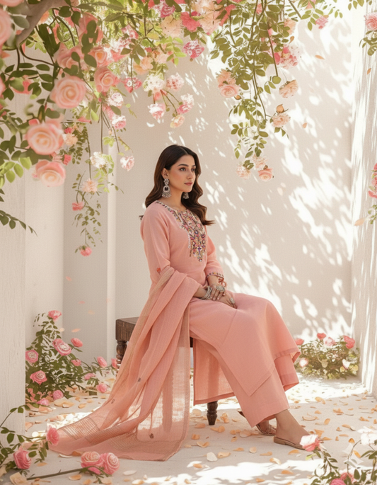 Blush Bloom Embroidered Kurti Set with Dupatta