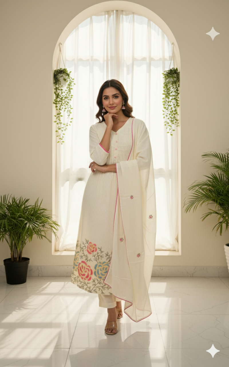 Ivory Bloom Embroidered Kurti Set with Dupatta