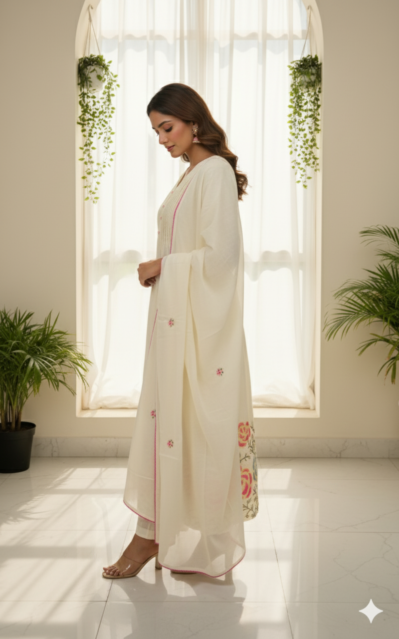 Ivory Bloom Embroidered Kurti Set with Dupatta