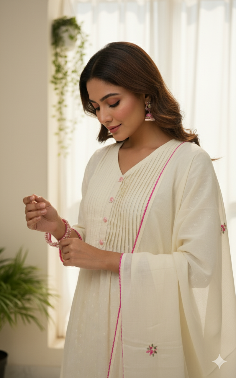 Ivory Bloom Embroidered Kurti Set with Dupatta
