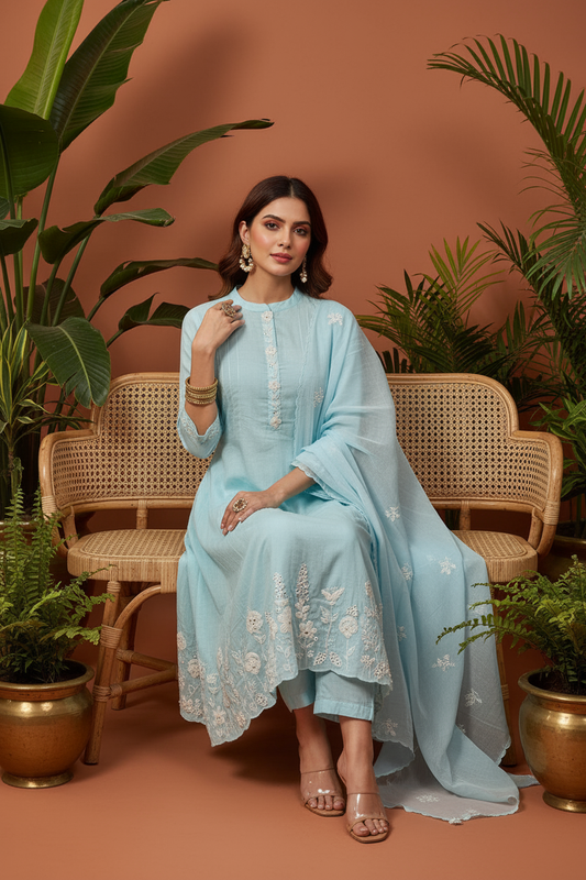 Azure Bloom Embroidered Kurti Set with Dupatta