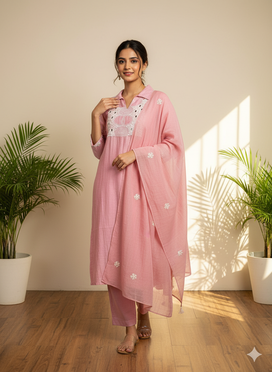 Blush Mirrorwork Embroidered Kurti Set with Dupatta