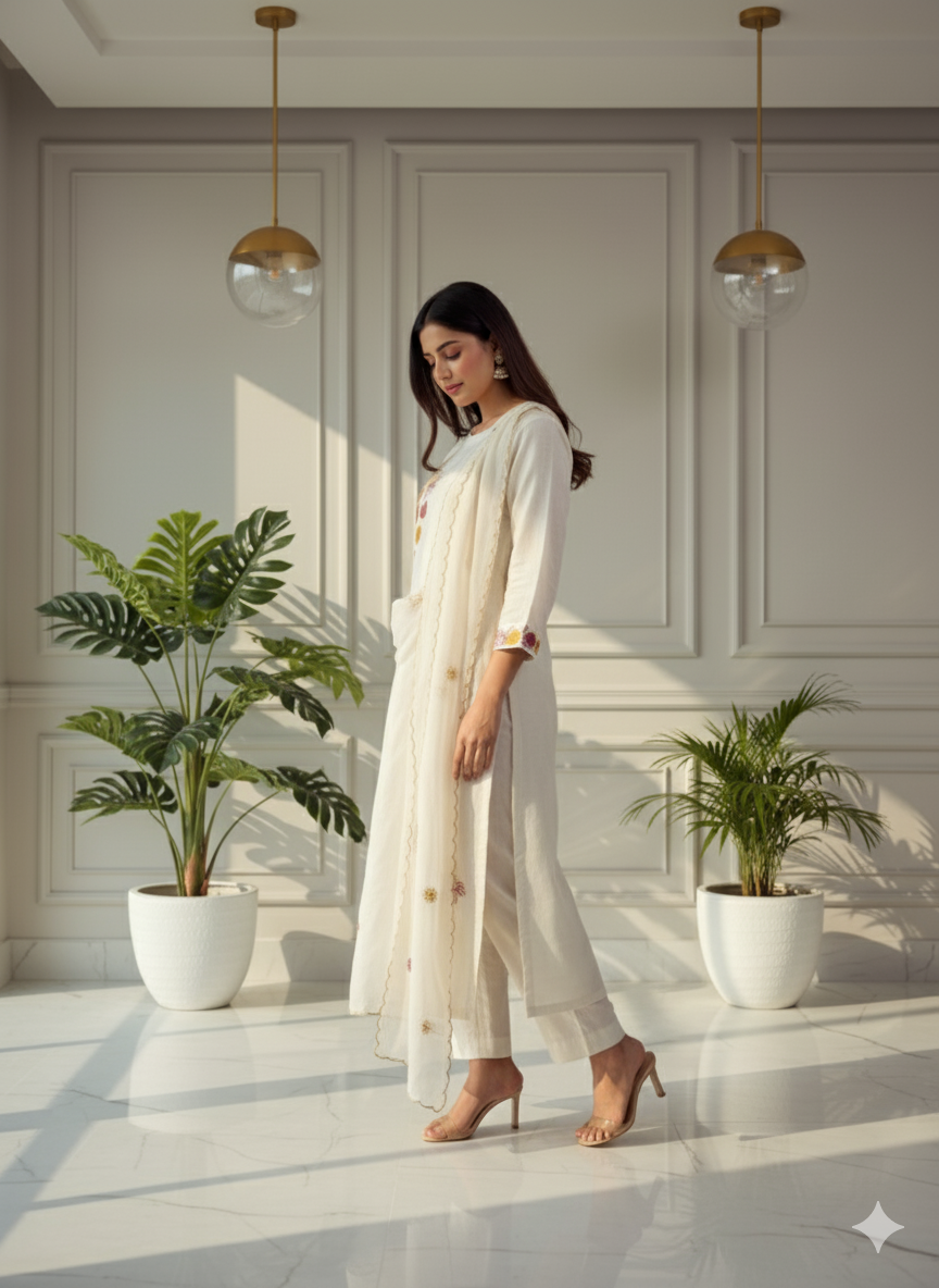 Ivory Bloom Embroidered Kurti Set with Dupatta